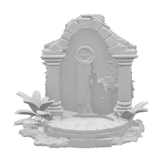 3D model for a miniature ruined temple landscape fountain featuring a textured, stone-like structure with aged, moss-covered runes, cascading water, lush ivy and lotus plants, and a soft teal magical glow flowing up from a basin