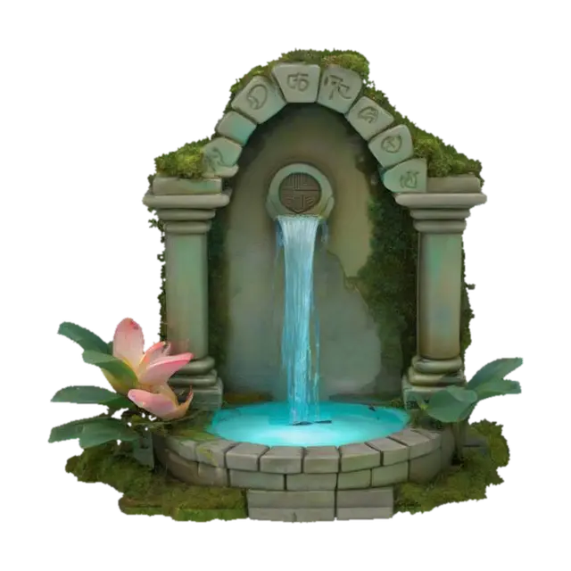 3D model for a miniature ruined temple landscape fountain featuring a textured, stone-like structure with aged, moss-covered runes, cascading water, lush ivy and lotus plants, and a soft teal magical glow flowing up from a basin