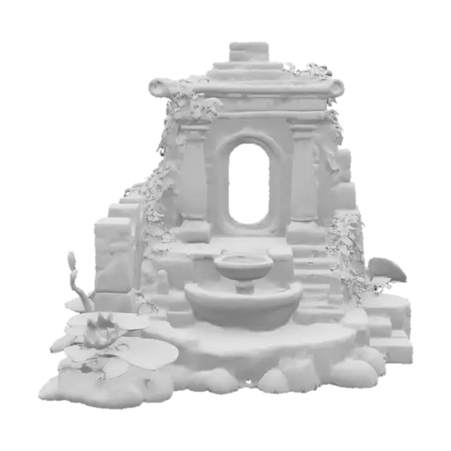 3D model for a miniature ruined temple landscape fountain featuring a textured, stone-like structure with aged, moss-covered runes, cascading water, lush ivy and lotus plants, and a soft teal magical glow flowing up from a basin