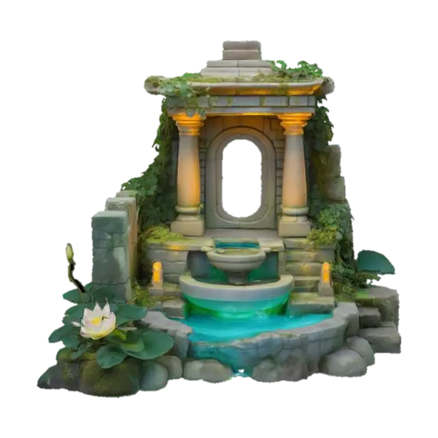 3D model for a miniature ruined temple landscape fountain featuring a textured, stone-like structure with aged, moss-covered runes, cascading water, lush ivy and lotus plants, and a soft teal magical glow flowing up from a basin
