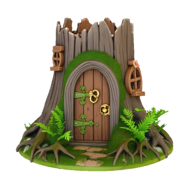 Enchanted Tree Stump Cabin 3D model, vytvořený pomocí AI