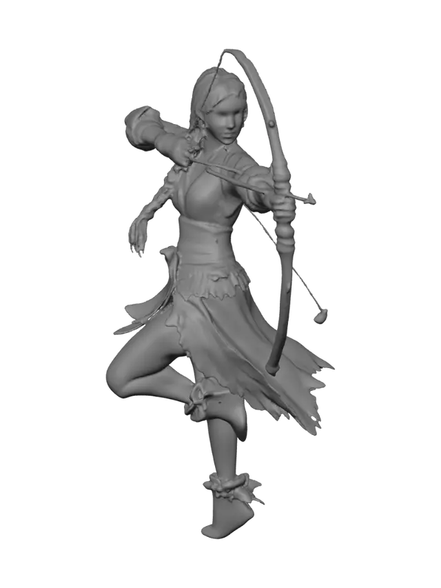 3D model for acrobatic female archer with a long bow drawn. She is wearing medieval clothing, brown and green, with a leafy skirt, archers gloves and arm guards. Her hair is in braids, hanging down to her shoulders