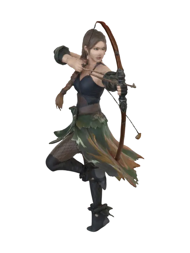 3D model for acrobatic female archer with a long bow drawn. She is wearing medieval clothing, brown and green, with a leafy skirt, archers gloves and arm guards. Her hair is in braids, hanging down to her shoulders