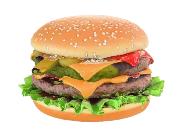 3D model for “A hyper-realistic 3D McDonald’s hamburger with detailed textures. Soft sesame seed bun, slightly shiny with real bread pores. Fresh crisp lettuce, melted American cheese, juicy grilled beef patty with realistic char lines, thin pickle slices, ketchup and mustard visible. Perfect studio lighting, high-detail PBR materials, photorealistic shadows and reflections. No background.”