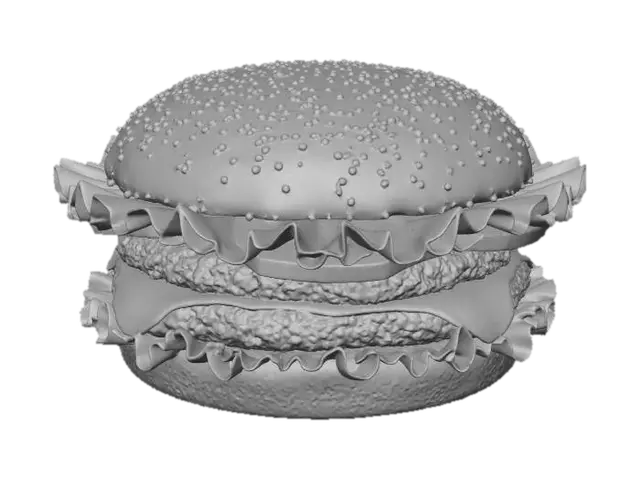 3D model for “Ultra-realistic McDonald’s hamburger, highly detailed 3D model with 4K PBR textures. Perfectly toasted sesame bun, juicy beef patty with grill marks, melted cheese slice, fresh lettuce, tomatoes, onions, and pickles. Photorealistic shading, accurate color, crispy edges, realistic reflections, high-quality materials, commercial-quality food render. Studio lighting, clean background.”
