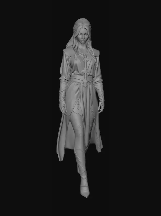 3D model for Hyper-realistic cinematic portrait, ethereal Mist Valley woman, pale porcelain skin, shimmering silver hair, haunting grey eyes, grey tunic with silver runes, utility belt, ornate runic dagger, aged leather boots, swirling mist, atmospheric ruins, 8k, masterpiece, dark fantasy.