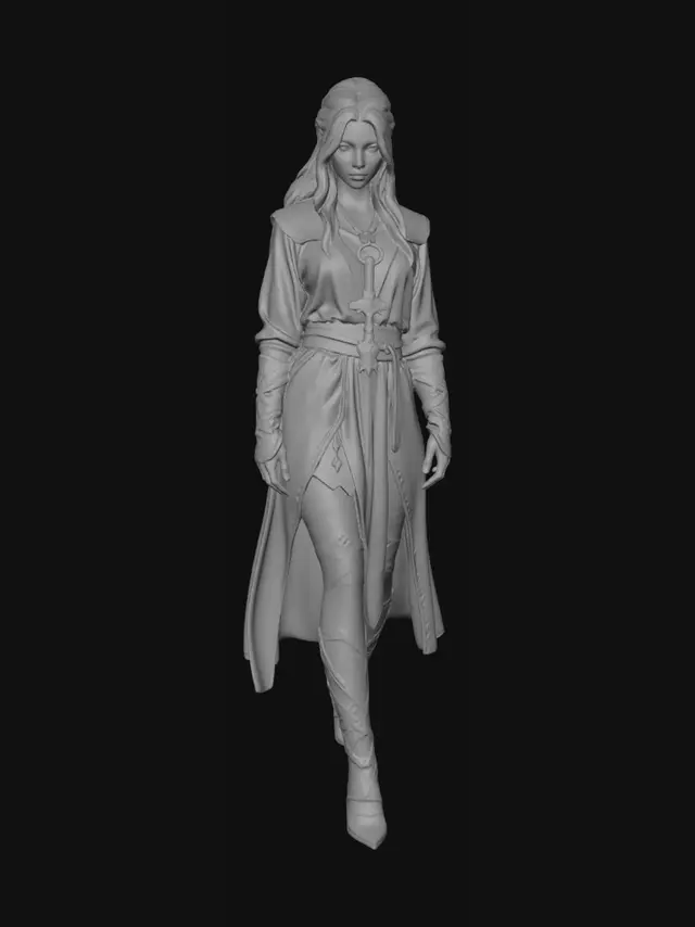3D model for Hyper-realistic cinematic portrait, ethereal Mist Valley woman, pale porcelain skin, shimmering silver hair, haunting grey eyes, grey tunic with silver runes, utility belt, ornate runic dagger, aged leather boots, swirling mist, atmospheric ruins, 8k, masterpiece, dark fantasy.