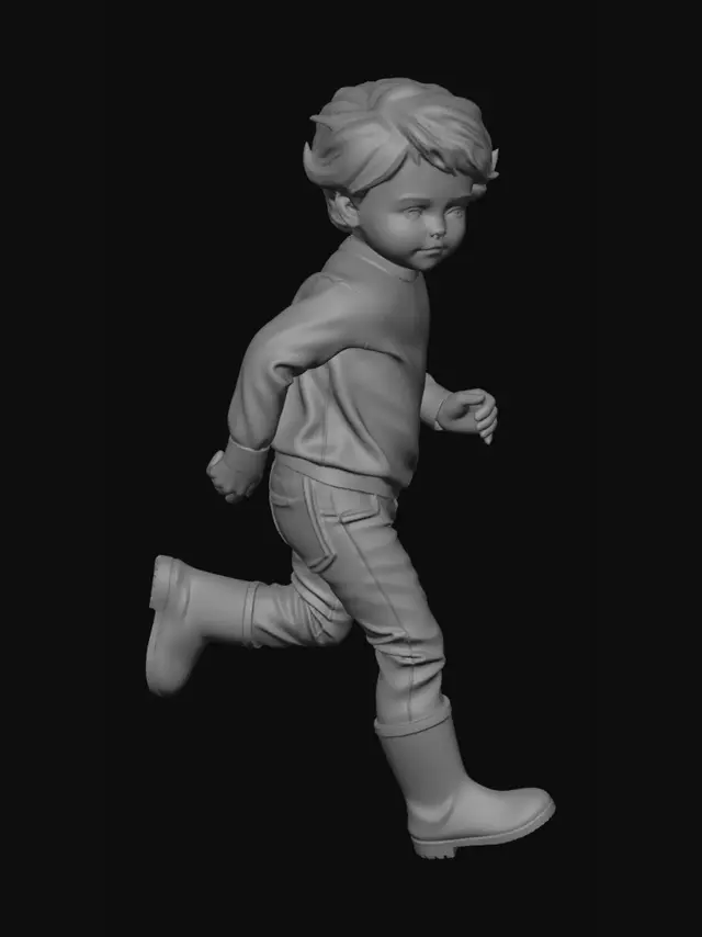 3D model for Create a photorealistic standalone full-body 3D model of a young blond child with fair skin, soft tousled blond hair, and realistic natural facial features. The child wears bright yellow glossy rubber rain boots, blue jeans, and a yellow, white, and navy long-sleeve sweater. No backpack, no jacket, no hood, no accessories. Pose: natural light running pose. Correct anatomy only: exactly 2 arms, 2 legs, and 2 boots, both boots clearly visible. Full 360-degree model with front, back, and side detail. Single isolated character only, no background, no floor, no props, no text, no watermark. Clean mesh, realistic PBR materials, suitable for FBX or GLB export. No cartoon or stylized look.