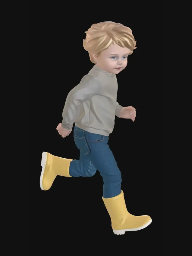 3D model for Create a photorealistic standalone full-body 3D model of a young blond child with fair skin, soft tousled blond hair, and realistic natural facial features. The child wears bright yellow glossy rubber rain boots, blue jeans, and a yellow, white, and navy long-sleeve sweater. No backpack, no jacket, no hood, no accessories. Pose: natural light running pose. Correct anatomy only: exactly 2 arms, 2 legs, and 2 boots, both boots clearly visible. Full 360-degree model with front, back, and side detail. Single isolated character only, no background, no floor, no props, no text, no watermark. Clean mesh, realistic PBR materials, suitable for FBX or GLB export. No cartoon or stylized look.