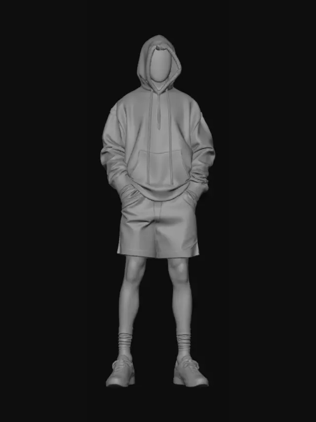 3D model for Modèle 3D complet d'un joueur de basket mystérieux debout dans une pose d'attente neutre et parfaitement symétrique.Tête et corps alignés droit devant. Tenue : sweat à capuche oversize noir jais (capuche tirée en avant, visage caché dans l'ombre noire), short de basket noir uni, chaussettes de sport noires. Chaussures de basket dépareillées : chaussure gauche rouge-orange vif, chaussure droite bleu électrique. Mesh propre pour le jeu vidéo.