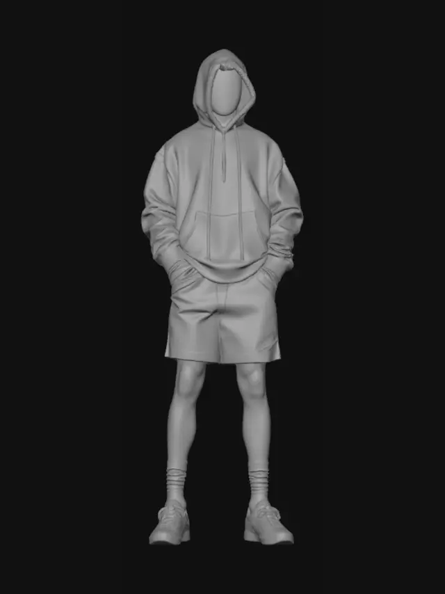 3D model for Modèle 3D complet d'un joueur de basket mystérieux debout dans une pose d'attente neutre et parfaitement symétrique.Tête et corps alignés droit devant. Tenue : sweat à capuche oversize noir jais (capuche tirée en avant, visage caché dans l'ombre noire), short de basket noir uni, chaussettes de sport noires. Chaussures de basket dépareillées : chaussure gauche rouge-orange vif, chaussure droite bleu électrique. Mesh propre pour le jeu vidéo.