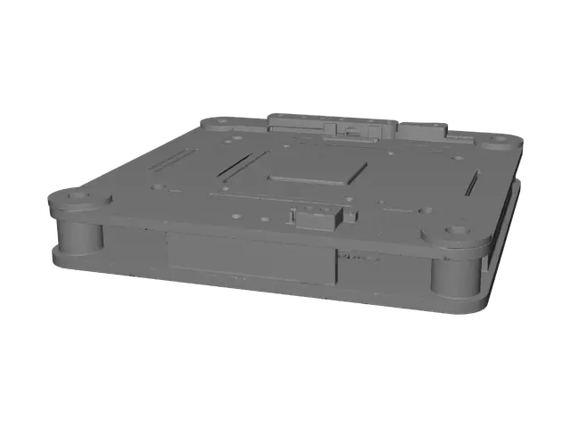 3D model for Flat 3D-printed robot chassis base plate, top-down orthographic view, hard-surface CAD design. Near-square footprint with two opposite corners cut at 45 degrees for an angular shape. Two motor mounts on left and right edges for TT gear motors driving two wheels (differential drive). One caster wheel mount at front for passive support. Raised platform with four screw holes for ESP32 board, mounted center-rear. Rectangular clip-in slot for 18650 battery pack. Two raised guide ridges at front edge to hold an IR line-sensor module. Matte black PETG, clean flat surface, precise engineering geometry, no textures, technical prototype look.