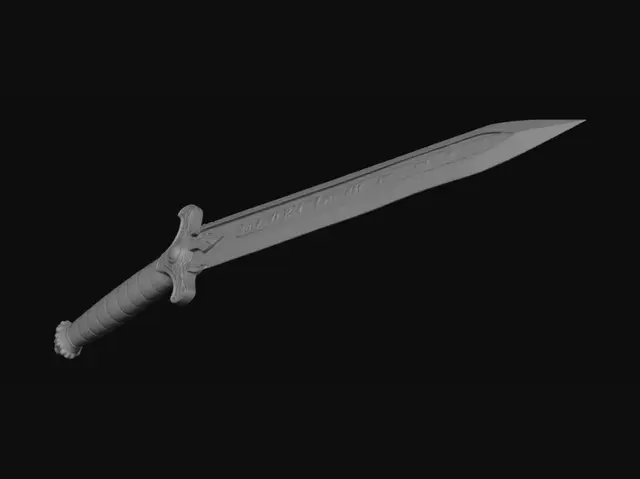 3D model for Dark medieval longsword, ornate golden guard and pommel, black leather grip, 
glowing blue runes and engraved ancient inscriptions along the dark steel blade, 
fantasy RPG weapon, highly detailed