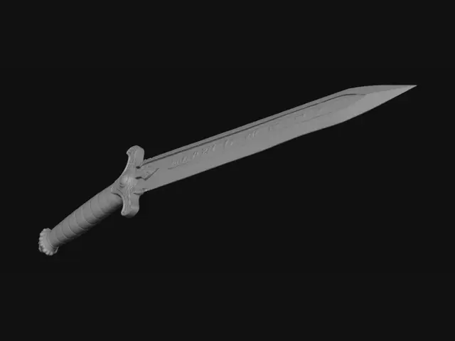 3D model for Dark medieval longsword, ornate golden guard and pommel, black leather grip, 
glowing blue runes and engraved ancient inscriptions along the dark steel blade, 
fantasy RPG weapon, highly detailed