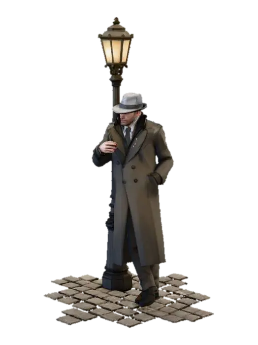 man wearing a long coat, grey hat smoking a cigarette, standing next to a lamp post 3D model, vytvořený pomocí AI