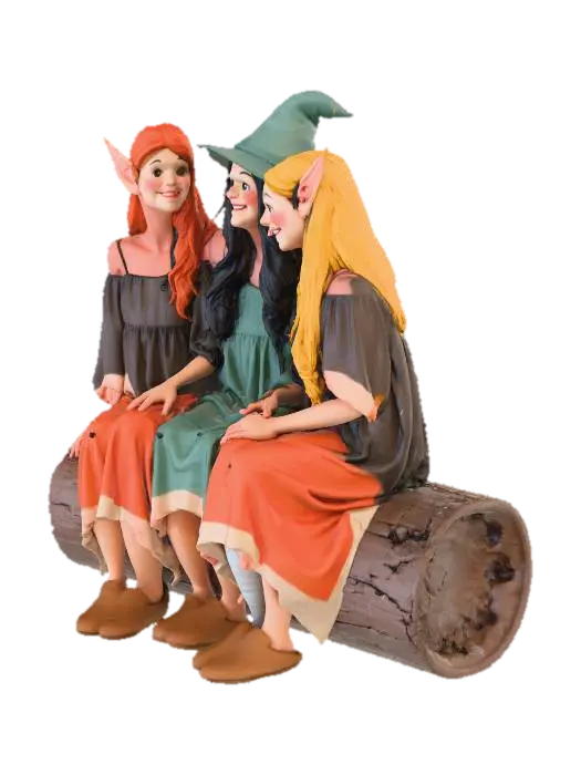 three elf like figures dressed in sack top and shorts sitting on a log, one efl… - Laughing 3D model, vytvořený pomocí AI