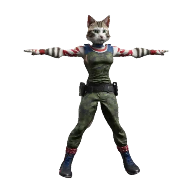 Cat Soldier Rambo, green camouflaged sleeveless top, red white blue pants, black… - Mortal 3D model, vytvořený pomocí AI