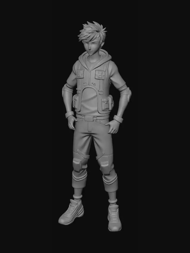 3D model for A detailed character design sheet for a cyberpunk "Cyber-Runner" meant for a high-speed game like Subway Surfers. The character is a young male runner in an A-pose, suitable for 3D modeling. The sheet shows a full front view (left) and a full back view (right). The runner wears a technical, lightweight cyberpunk tracksuit with neon details in electric blue, fuchsia, and electric yellow. Front view features: glowing digital eyes, complex facial cybernetic implants, a racing vest with an integrated data port, multi-layered pants with padded zones, and sleek, augmented running shoes. His right leg has a visible, glowing bionic enhancement; his left arm features a holographic interface band. Back view features: a glowing 'CR' logo on the back of the racing vest, a small power-pack on his back