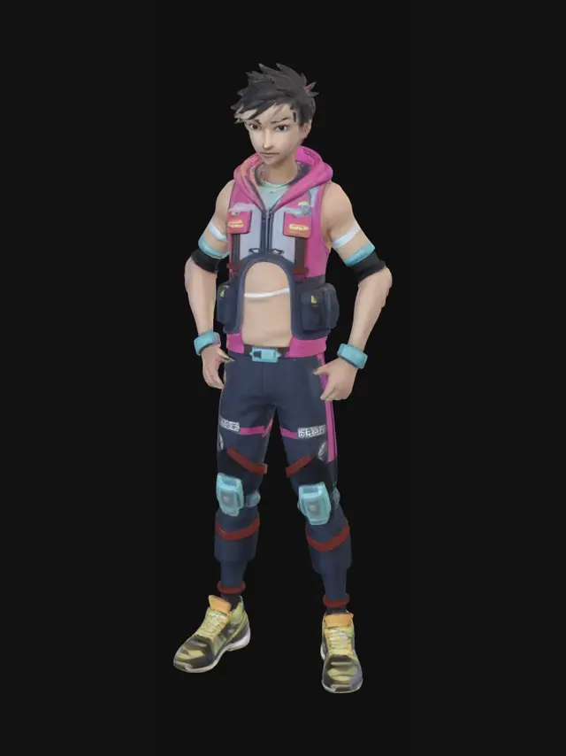 3D model for A detailed character design sheet for a cyberpunk "Cyber-Runner" meant for a high-speed game like Subway Surfers. The character is a young male runner in an A-pose, suitable for 3D modeling. The sheet shows a full front view (left) and a full back view (right). The runner wears a technical, lightweight cyberpunk tracksuit with neon details in electric blue, fuchsia, and electric yellow. Front view features: glowing digital eyes, complex facial cybernetic implants, a racing vest with an integrated data port, multi-layered pants with padded zones, and sleek, augmented running shoes. His right leg has a visible, glowing bionic enhancement; his left arm features a holographic interface band. Back view features: a glowing 'CR' logo on the back of the racing vest, a small power-pack on his back