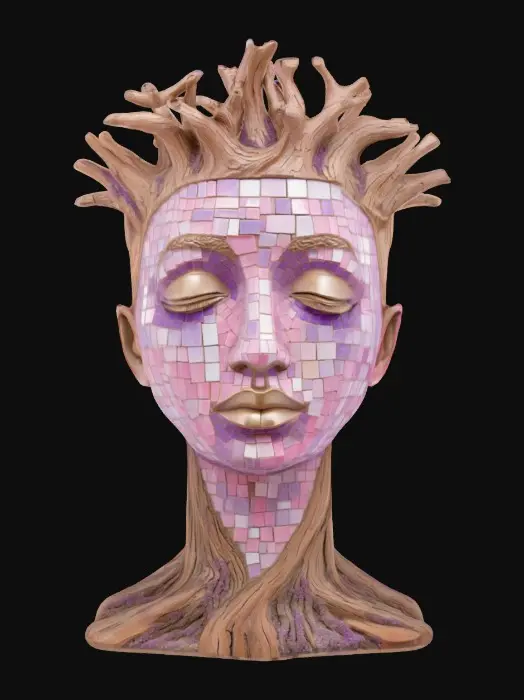 3D model for  a striking sculpture of a serene human face with closed eyes, crafted from glossy, pink and lavender mosaic tiles. The face is encircled by a thick, textured ring resembling the inside of a tree trunk, with natural wood tones and hints of purple. Branch-like forms extend from the top and sides, adding a crown-like effect, while the base features organic, root-like extensions. The sculpture beautifully blends smooth, reflective surfaces with rough, natural textures, creating a harmonious fusion of human and nature. Stylized, Highly detailed.