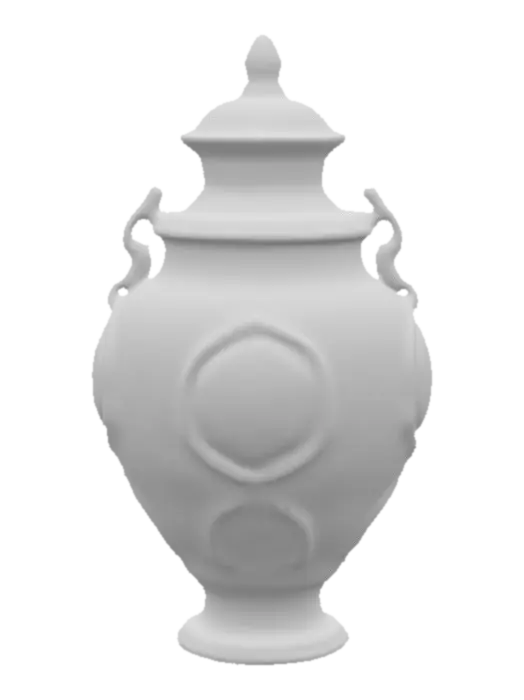3D model for beautiful ancient jar with mysterious potion, made of worn silver and colourful blue, green and orange glass, emitting a mysterious glow, Stylized, Vintage, Fantasy, Highly Detailed, Carved
