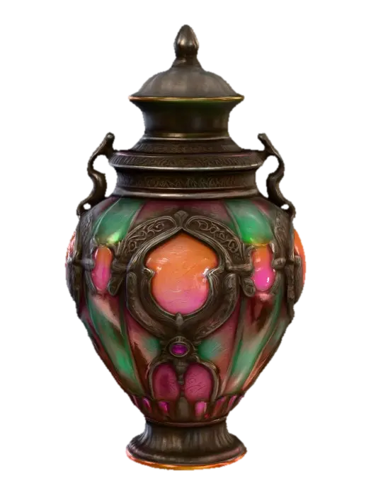 3D model for beautiful ancient jar with mysterious potion, made of worn silver and colourful blue, green and orange glass, emitting a mysterious glow, Stylized, Vintage, Fantasy, Highly Detailed, Carved