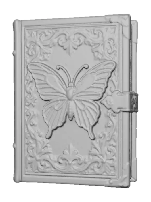 3D model for The beautiful ancient book in a similar artistic style as the attached image, front view