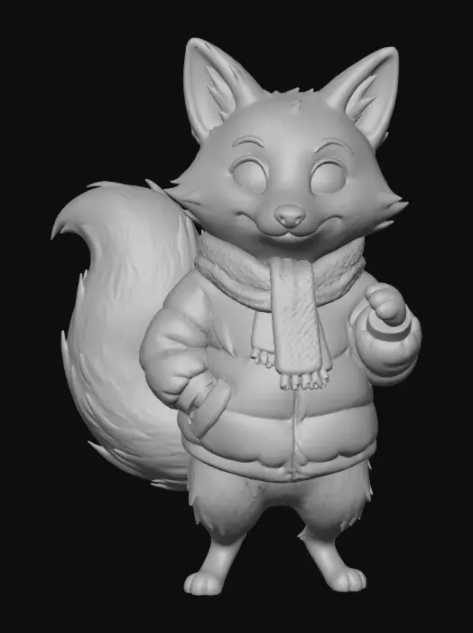 3D model for A fox in the same artistic style as the character in the attachments, but wearing a blue plump puffer and white scarf, #Christmas2025#