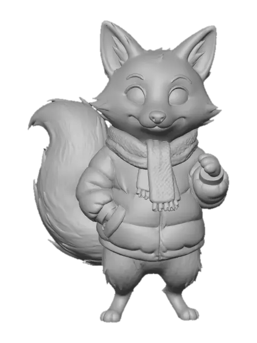 3D model for A fox in the same artistic style as the character in the attachments, but wearing a blue plump puffer and white scarf, #Christmas2025#