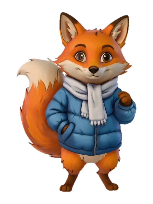 3D model for A fox in the same artistic style as the character in the attachments, but wearing a blue plump puffer and white scarf, #Christmas2025#