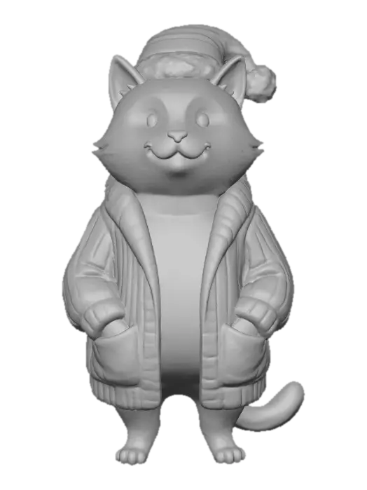 3D model for A dark grey cat in the same artistic style as the character in the attachments, but wearing a yellow plump long cardigan and a Christmas hat with a pompon, with his paws in the cardigan's large pockets, The cat is without whiskers, #Christmas2025#