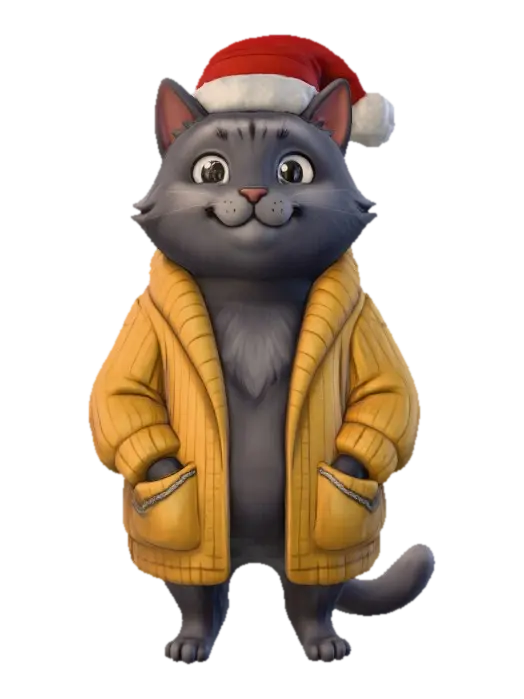 3D model for A dark grey cat in the same artistic style as the character in the attachments, but wearing a yellow plump long cardigan and a Christmas hat with a pompon, with his paws in the cardigan's large pockets, The cat is without whiskers, #Christmas2025#