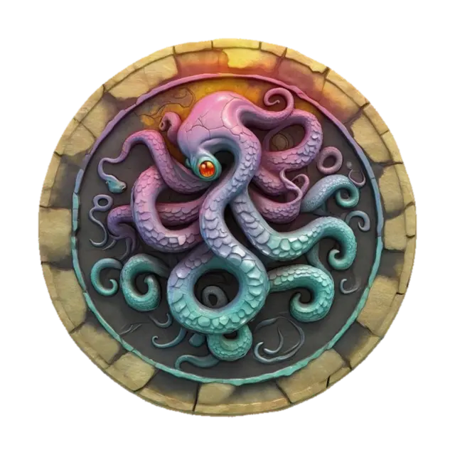 a 3D model of the thick round cracked stone coin with a breathtakingly beautiful… - Kraken 3D model, vytvořený pomocí AI