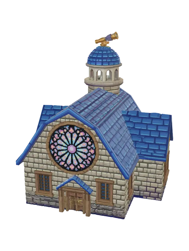3D model for Fantasy church building, blue tile roof, round stained glass rose window, small dome tower with telescope, stone walls, Pokemon DS style, low-poly, pixel texture, game asset