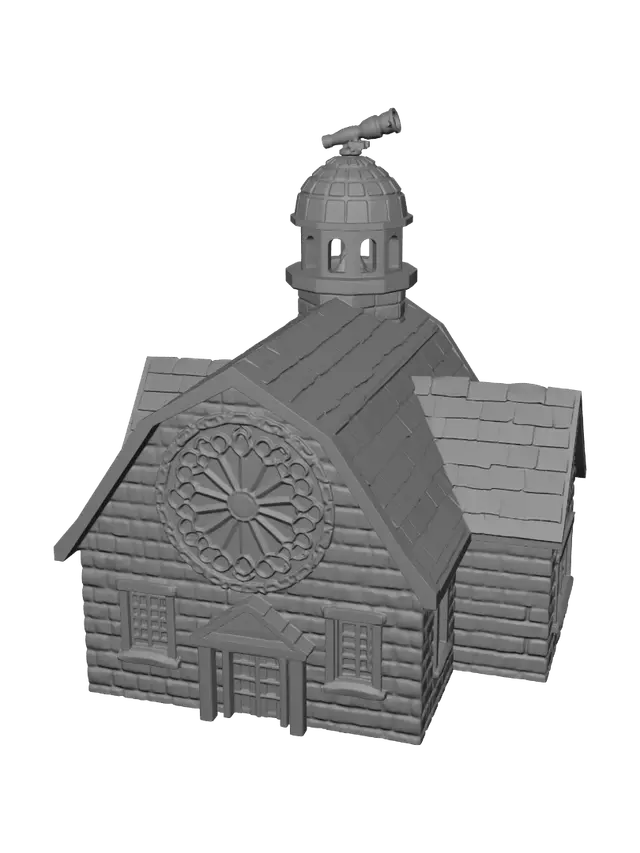 3D model for Fantasy church building, blue tile roof, round stained glass rose window, small dome tower with telescope, stone walls, Pokemon DS style, low-poly, pixel texture, game asset