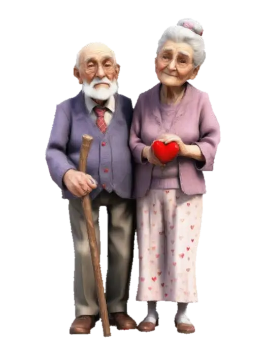 A very old man with a walking stick and a very old woman, holding each others hand… - Elderly 3D model, vytvořený pomocí AI