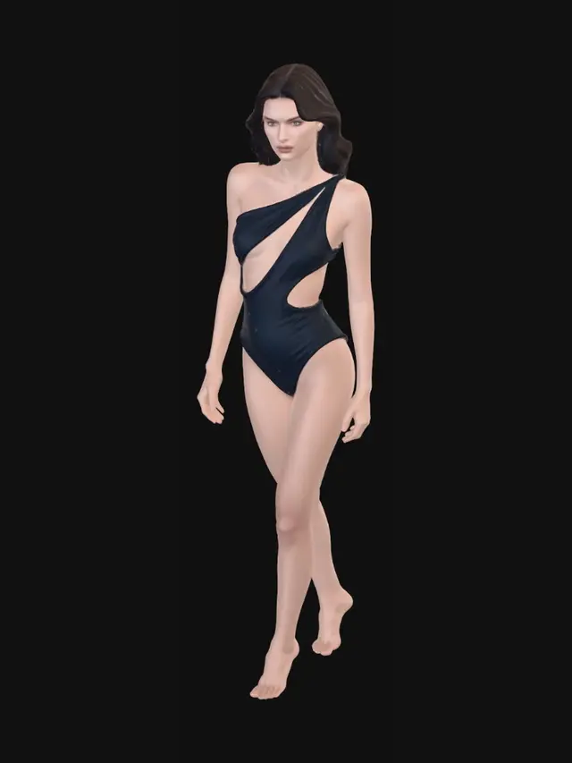 3D model for Navy One-Shoulder Cutout Swimsuit