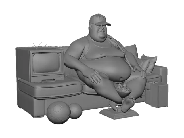 3D model for An obese man is on a dirty couch with an American flag draped on it. He is in red, white and blue boxers and a white tank top. His shirt is messy. There is a bowl of cheese puffs in his lap. He is watching an old CRT TV with an antennae. He has on a red baseball cap with the letters "DUH" on the front. There is a deflated soccer ball at his feet.
This scene is sitting on a disc-shaped trophy bottom with the "U.S.A." across the front