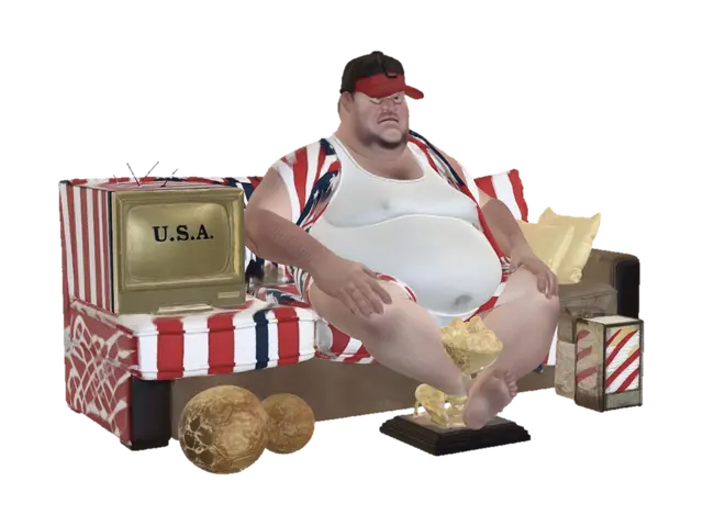 3D model for An obese man is on a dirty couch with an American flag draped on it. He is in red, white and blue boxers and a white tank top. His shirt is messy. There is a bowl of cheese puffs in his lap. He is watching an old CRT TV with an antennae. He has on a red baseball cap with the letters "DUH" on the front. There is a deflated soccer ball at his feet.
This scene is sitting on a disc-shaped trophy bottom with the "U.S.A." across the front