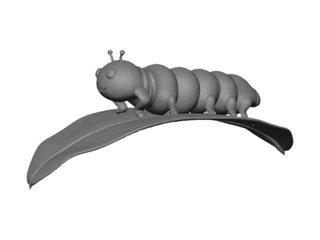 3D model for A cute cartoon green caterpillar crawling on a leaf, soft body segments, small antennae, chubby and adorable, low-poly style, game-ready, white background