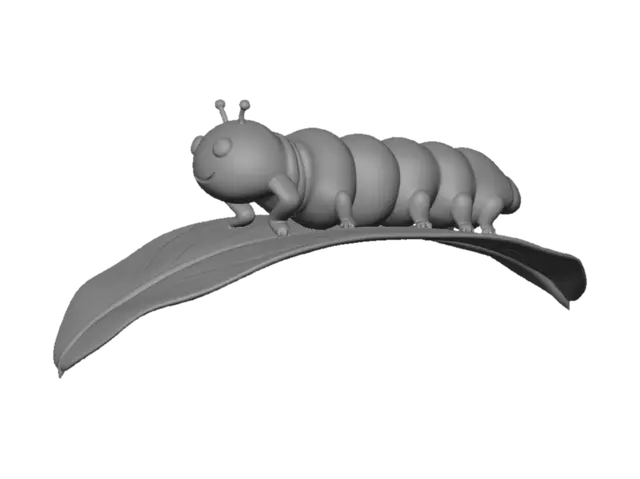 3D model for A cute cartoon green caterpillar crawling on a leaf, soft body segments, small antennae, chubby and adorable, low-poly style, game-ready, white background