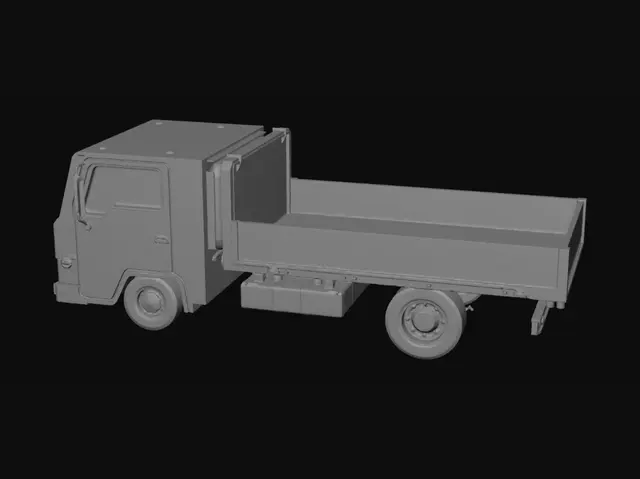 3D model for Low-poly stylized Roblox logistics truck, clean game-ready asset. Boxy cab front + open flatbed cargo area behind, empty bed for separate Roblox cargo blocks. IMPORTANT proportions: total truck length-to-width ratio must be about 2.6:1, not longer than 3:1. Target scale after import: ~7 studs long, 2.75 studs wide, 3 studs tall. Cab should be ~35% of total length. Cargo bed should be ~55% of total length. Cargo bed interior should be rectangular, flat, unobstructed, and about 1.6:1 length-to-width, with low side rails/open rear or tailgate. Four or six simple straight wheels. Centered on origin, facing forward, top-down readable. Toy-like proportions, simple materials, no logos/text/driver/cargo/weapons/rust/damage/tiny fragile details/complex suspension.