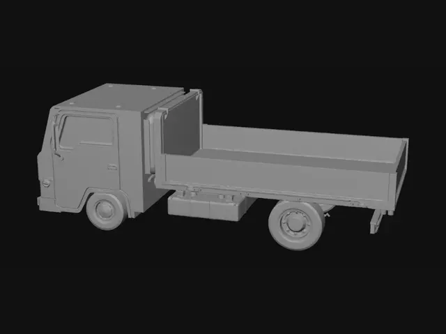 3D model for Low-poly stylized Roblox logistics truck, clean game-ready asset. Boxy cab front + open flatbed cargo area behind, empty bed for separate Roblox cargo blocks. IMPORTANT proportions: total truck length-to-width ratio must be about 2.6:1, not longer than 3:1. Target scale after import: ~7 studs long, 2.75 studs wide, 3 studs tall. Cab should be ~35% of total length. Cargo bed should be ~55% of total length. Cargo bed interior should be rectangular, flat, unobstructed, and about 1.6:1 length-to-width, with low side rails/open rear or tailgate. Four or six simple straight wheels. Centered on origin, facing forward, top-down readable. Toy-like proportions, simple materials, no logos/text/driver/cargo/weapons/rust/damage/tiny fragile details/complex suspension.