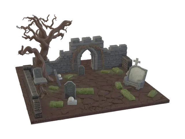 3D model for A modular section of cursed graveyard ruins featuring twisted, gnarled trees with root systems coiling around tilted, sharp angular gravestones. A low, heavy volumetric fog creeps across the cracked earth, and a broken stone archway stands covered in dead ivy. Requirement: Environmental tabletop RPG scenery terrain piece, 3D print ready, designed with deep recesses to catch washes, emphasizing weathered stone and organic decay textures.