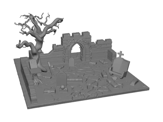 3D model for A modular section of cursed graveyard ruins featuring twisted, gnarled trees with root systems coiling around tilted, sharp angular gravestones. A low, heavy volumetric fog creeps across the cracked earth, and a broken stone archway stands covered in dead ivy. Requirement: Environmental tabletop RPG scenery terrain piece, 3D print ready, designed with deep recesses to catch washes, emphasizing weathered stone and organic decay textures.