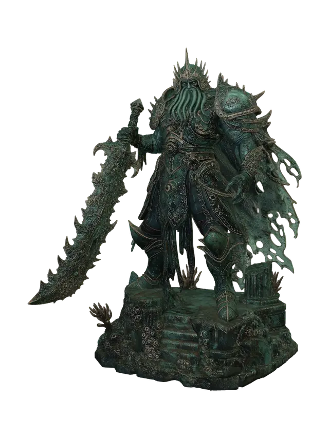 3D model for aquatic deep-sea warlord standing on an overgrown, barnacle-encrusted ruin base. His heavy bronze armor is heavily corroded with thick green verdigris, and his wet, scaled skin glistens under dim teal under-lighting. He wields a massive, serrated coral greatsword. Requirement: Dark marine fantasy figurine, emphasize the contrast between corroded metal and slick biological surfaces.
