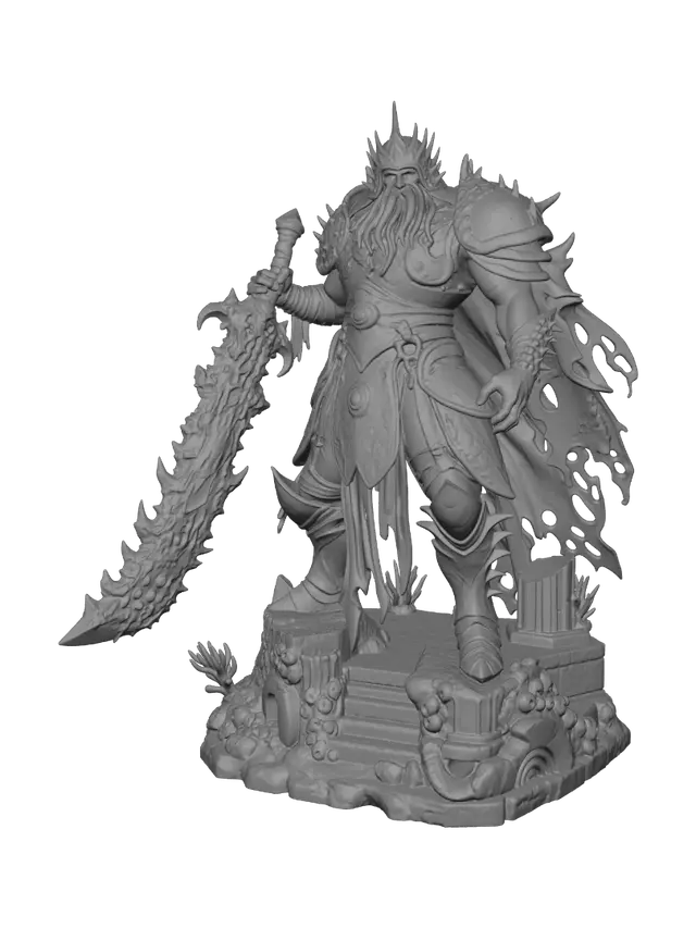 3D model for aquatic deep-sea warlord standing on an overgrown, barnacle-encrusted ruin base. His heavy bronze armor is heavily corroded with thick green verdigris, and his wet, scaled skin glistens under dim teal under-lighting. He wields a massive, serrated coral greatsword. Requirement: Dark marine fantasy figurine, emphasize the contrast between corroded metal and slick biological surfaces.