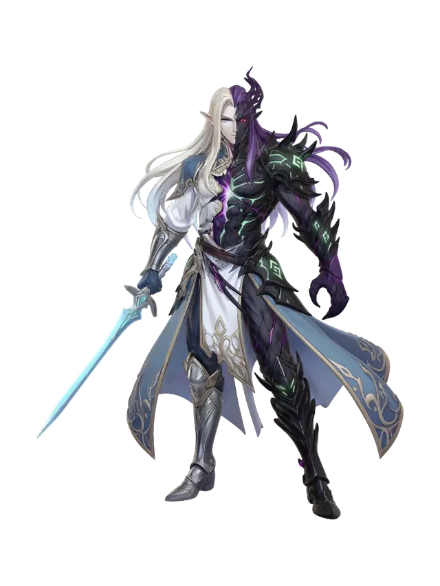 3D model for corrupted elven prince standing elegantly on a decorative marble base. His left side remains pristine, wearing fine, sharp elven plate armor, while his entire right side is consumed by a jagged, crystalline infection made of sharp geometric obsidian shards that erupt from his skin. His face is split between cold calm and agonizing corruption. Requirement: Tabletop mini figurine, high-resolution texture contrast between smooth, polished metal and rough, sharp crystals.
