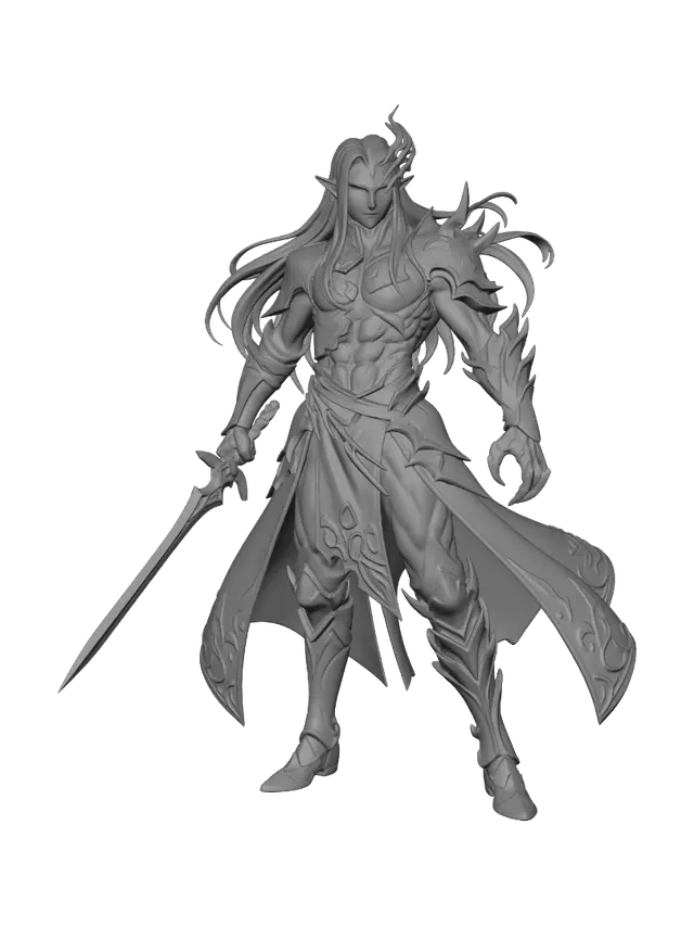 3D model for corrupted elven prince standing elegantly on a decorative marble base. His left side remains pristine, wearing fine, sharp elven plate armor, while his entire right side is consumed by a jagged, crystalline infection made of sharp geometric obsidian shards that erupt from his skin. His face is split between cold calm and agonizing corruption. Requirement: Tabletop mini figurine, high-resolution texture contrast between smooth, polished metal and rough, sharp crystals.