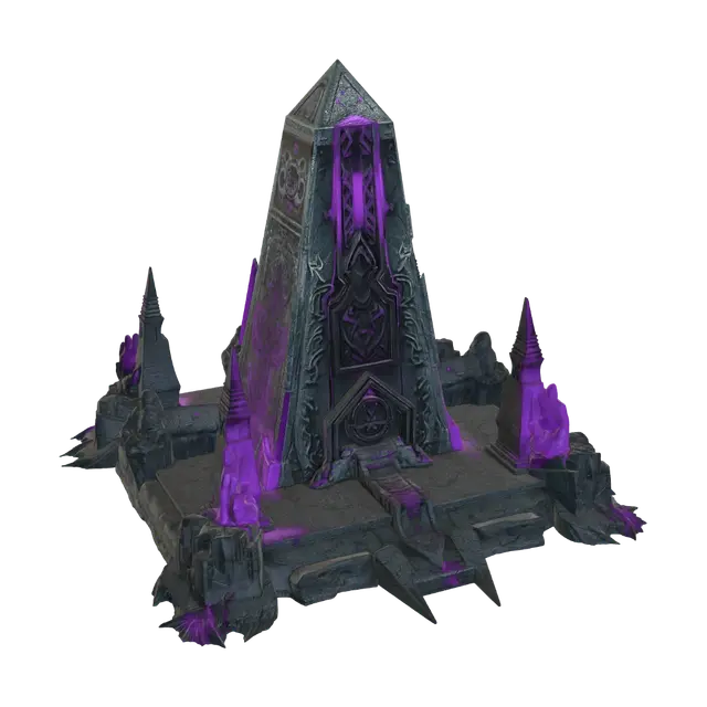 3D model for corrupted ritual obelisk rising from jagged, razor-sharp rock formations and cracked earth. The obelisk is carved from a porous, pitch-black obsidian stone, bleeding thick, luminescent purple fluid from its ancient eldritch engravings. Dark, twisting shadows wrap around its base like grasping tendrils. Requirement: Dark fantasy environmental model, emphasize the extreme architectural angles of the obelisk, the sharp geometric contours of the stones, and a macabre, tense atmosphere, tabletop terrain ready.